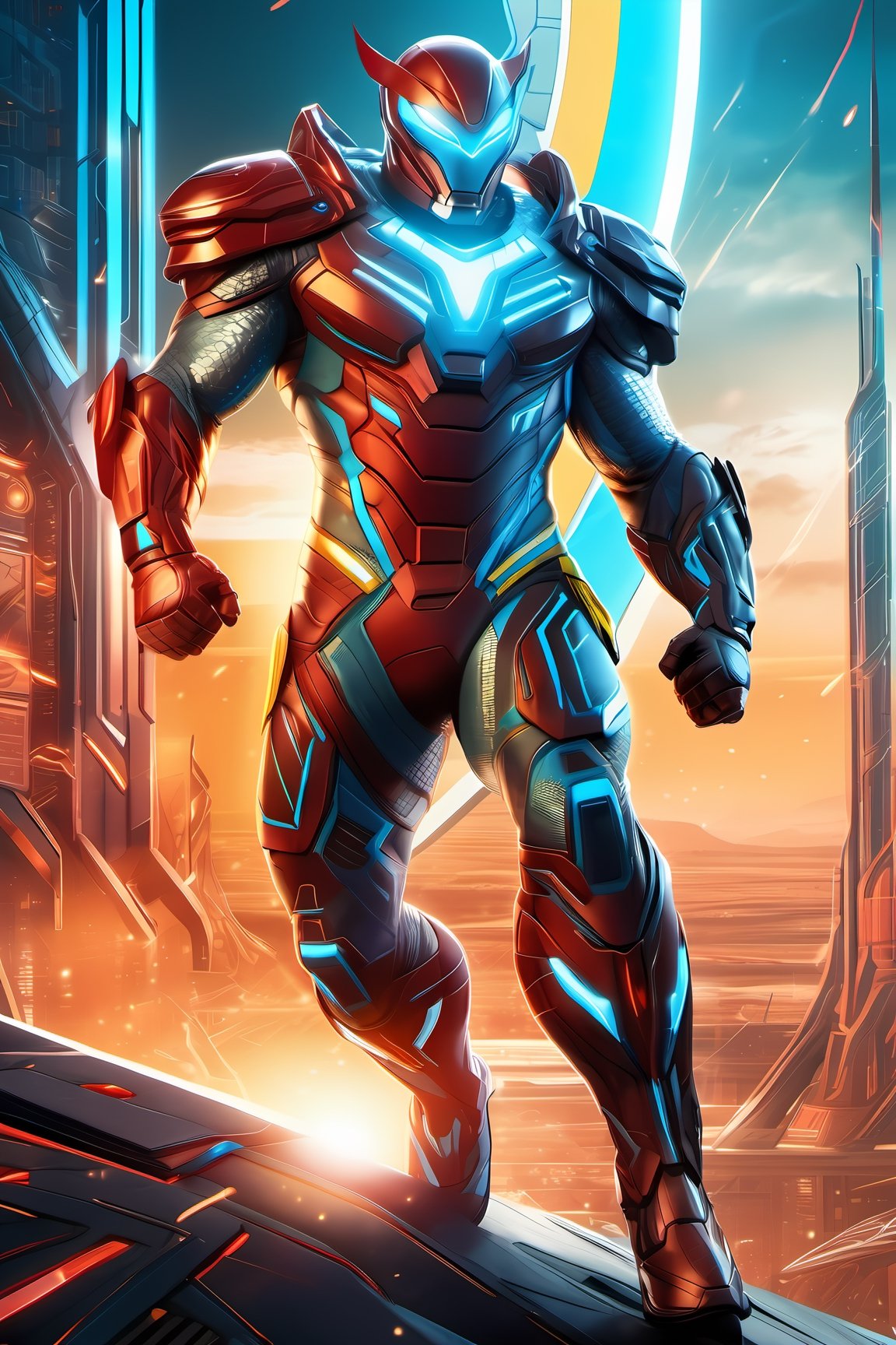 High-resolution, detailed close-up illustration, dynamic shot of a random superhero, wearing a sleek and futuristic cyan and red with "G" logo glow blue armored suit, powerful and confident stance, intense expression, glowing eyes behind a visor, intricate details and textures on the suit, metallic armor plating with blue and yellow accents, advanced technology integrated into the suit, glowing energy emitters, sci-fi background with a dynamic and futuristic setting, high-tech cityscape or alien landscape, vibrant and contrasting colors, flying vehicles or futuristic structures in the background, energy beams or particles adding to the sense of action and power.