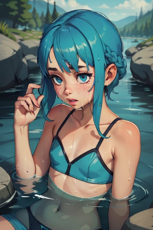 young, teen girl, flat chest, wet cyan hair, river