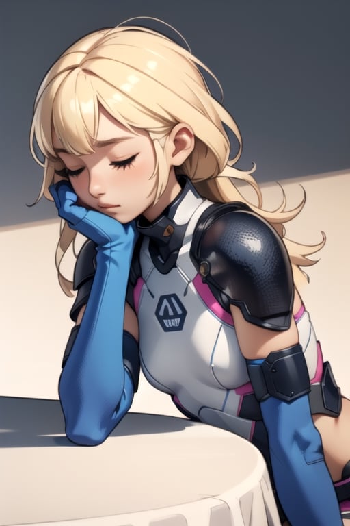 teen girl, flat_chested, athletic body, gadgets, futuristic armor, very light blond hair, slender, resting head on table, sleepy