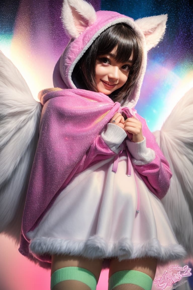 A kemono girl with a whimsical design! The scene is set in a pastel-colored, star-studded fancy candy shop. The subject, with a fanged smile and button nose, stands amidst swirling clouds of sugar and spice. Her fluffy fur-covered body, adorned with a heart-shaped face, sports large bat wings that seem to sprout from her back like a majestic cloak. Her paw-like hands and feet grasp oversized hoodie strings, which feature wing holes, adding an extra layer of whimsy. Thigh-high socks and sparkly effects complete the digital art style. The kemono girl's big expressive eyes, with star-shaped pupils, shine bright as she gazes out at the viewer, her blush cheeks and chibi proportions making her appear even more endearing.