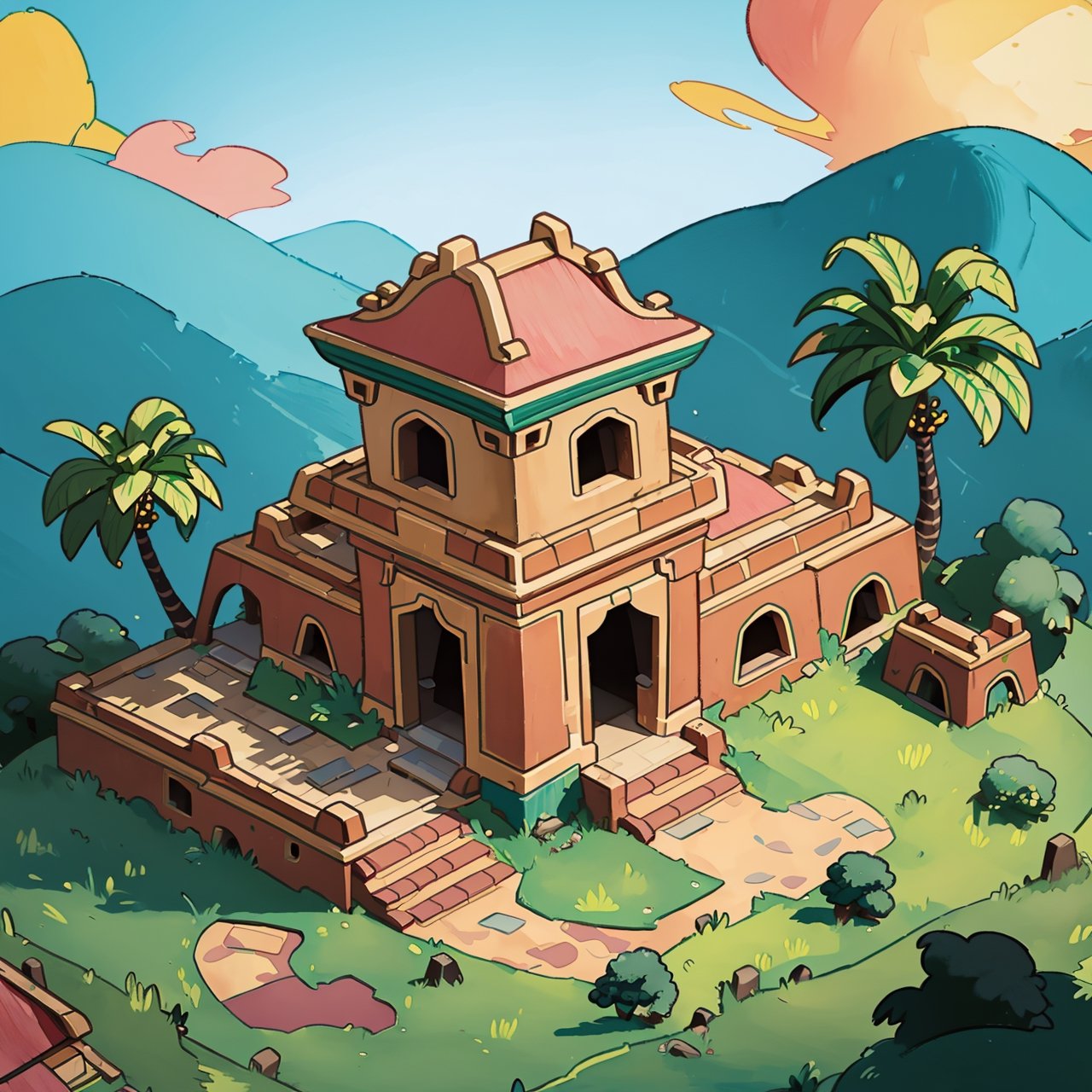 masterpiece,(best quality:1.3),beautiful lightning, vibrant colour, ((isometric view)), grass land, mansion, old mexican hacienda, old mexican hacienda, crude watercolour painting,  big brushstrokes, 6 colours, cartoon, Isometric_Setting, house cover, 欧美卡通,Isometric_Setting