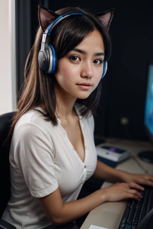 Maria Rodriguez, short, brunette, busty, (((a shy))), insecure, 15-year-old technology enthusiast who finds solace in Lily after witnessing the crime. little_cute_girl, 1girl, sitting at her desk operating a gamer pc, cat headphones, (totale dark background), 1girl, masterpiece, best quality, high resolution, 8K, HDR, bloom, raytracing, detailed shadows, bokeh, depth of field, film photography, film grain, glare, (wind:0.8), detailed hair, beautiful face, beautiful girl, ultra detailed eyes, cinematic lighting, (hyperdetailed:1.15), , little_cute_girl,