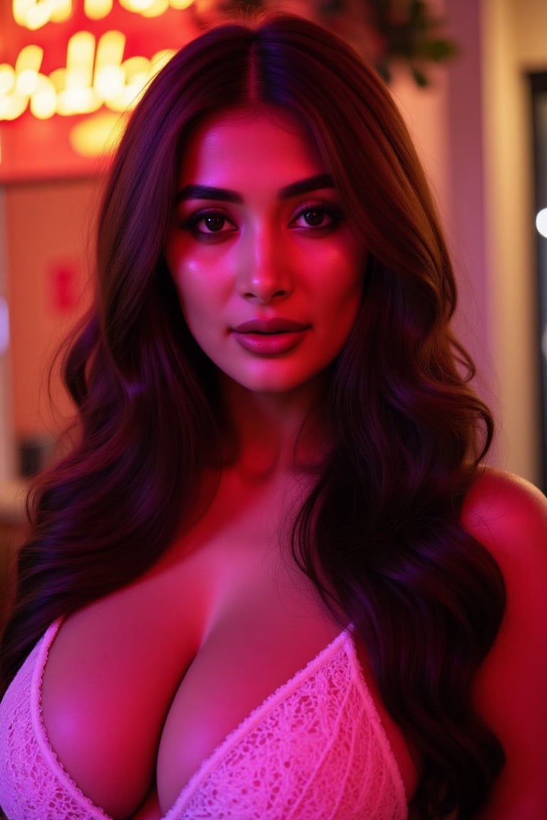 The image features a woman with long,  wavy hair and a striking expression. She has glossy skin and is wearing a lace top...