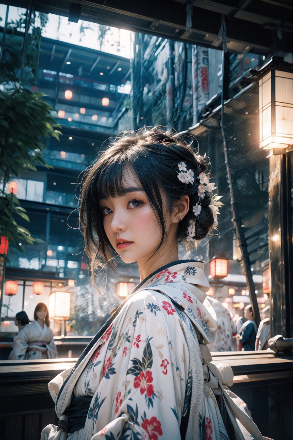 A award winning photography of a beautiful woman, she is wearing a elegant white kimono with insane detailed patterns, she posing on the side,  looking at far distance above, in the background the are mist surrounding the futuristic Japanese city, the time is midnight, futuristic building that contrasting with her kimono,High detailed,(dynamic pose), ,High detailed ,asian girl,FFIXBG,midjourney