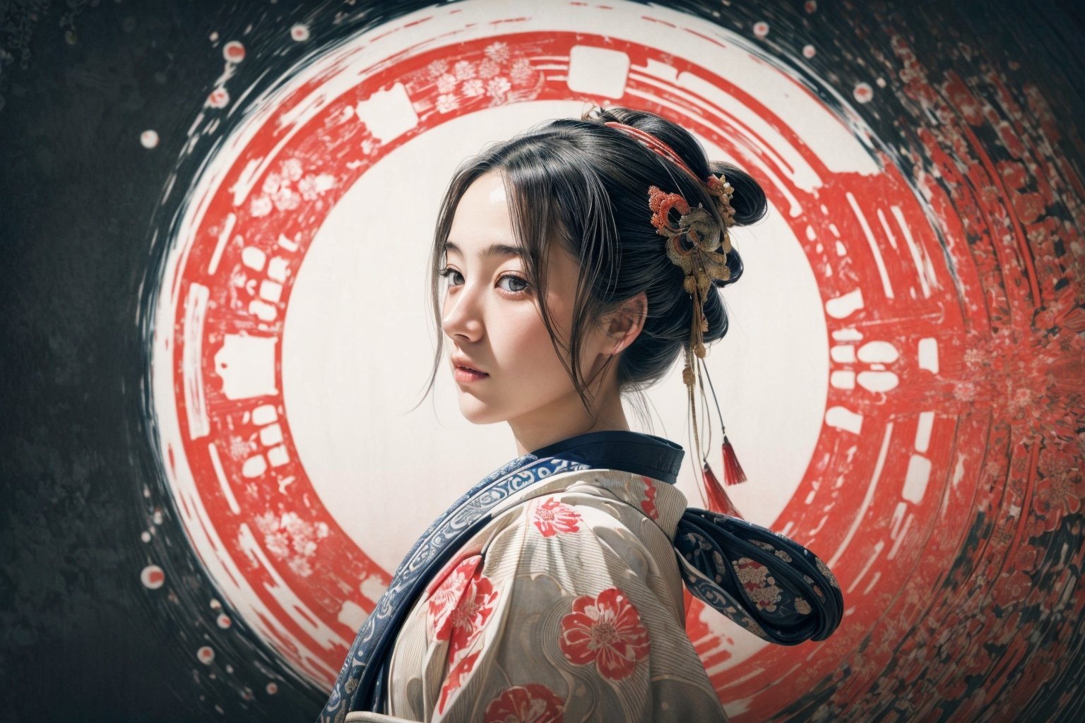   (vibrant color),full body shot ,of beautiful young Japanese female, she has (long straight hair), wearing an elegant traditional white kimono with waves patterns,  (intricate detailed on kimono) ,epic background,wonderful environment, epic setting,Perfect face, small face, small head, (beautiful detailed eyes, symmetrical eyes, (detailed face), dramatic lighting, (8k, photo, masterpiece), (highest quality), (best shadow), (best illustration), ultra high resolution, 8K wallpapers, physically based rendering, photo, realistic, realism, high contrast, hyper-realistic ,dramatic colors, hyper-realistic realistic texture), detailed face, (Ancient Japan theme:1.2),A Traditional Japanese Art,art2