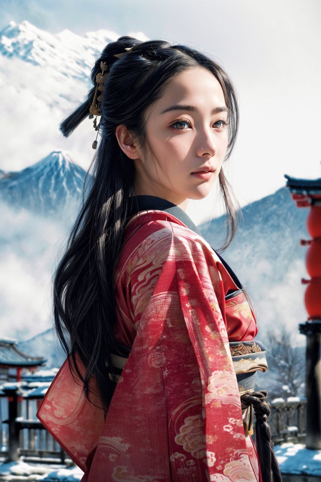   (vibrant color),full body shot ,of beautiful young Japanese female, she has (long straight hair), wearing an elegant traditional white kimono with waves patterns,  (intricate detailed on kimono) ,epic background,wonderful environment, epic setting,Perfect face, small face, small head, (beautiful detailed eyes, symmetrical eyes, (detailed face), dramatic lighting, (8k, photo, masterpiece), (highest quality), (best shadow), (best illustration), ultra high resolution, 8K wallpapers, physically based rendering, photo, realistic, realism, high contrast, hyper-realistic ,dramatic colors, hyper-realistic realistic texture), detailed face, (Ancient Japan theme:1.2),A Traditional Japanese Art,art2