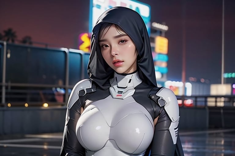 night city background, cinematic, realistic, atmospheric, ultra sharp, highly detailed skin, naughty hijab,round face, 36dd,  chubby_female,wearing mecha suit skin colour, chubby face,j3s1,v4ni4,wrapgag