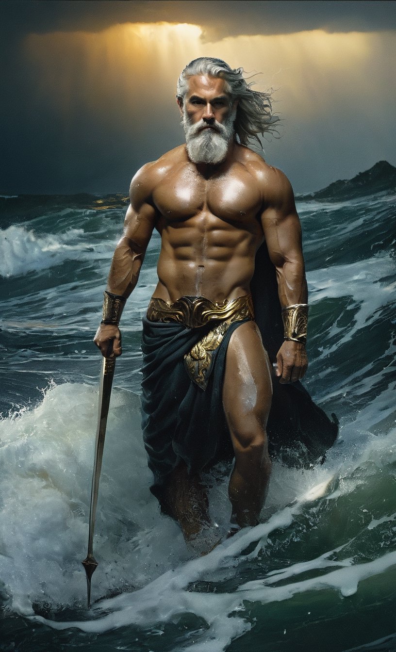 God Poseidon+,  young,  detailed skin++,  super muscular nude body+,  long thick gray hair+,  beard+,  big muscles+,  bondage,  holding golden trident,  fantasy,  golden armbands,  golden thong,  emerging from stormy ocean wave,  thunderstorm with rain,  lightning in a dark sky,  wet skin,  masculine,  modelshoot style,  (extremely detailed CG),  photographing a beautiful work of art,  (Antonio Moro),  (Jeremy Mann),  high detail,  sharp focus,  dramatic+,  (photorealistic),  intricate,  beautiful,  gigachad++, Landskaper, , , , , 
,Landskaper,greg rutkowski