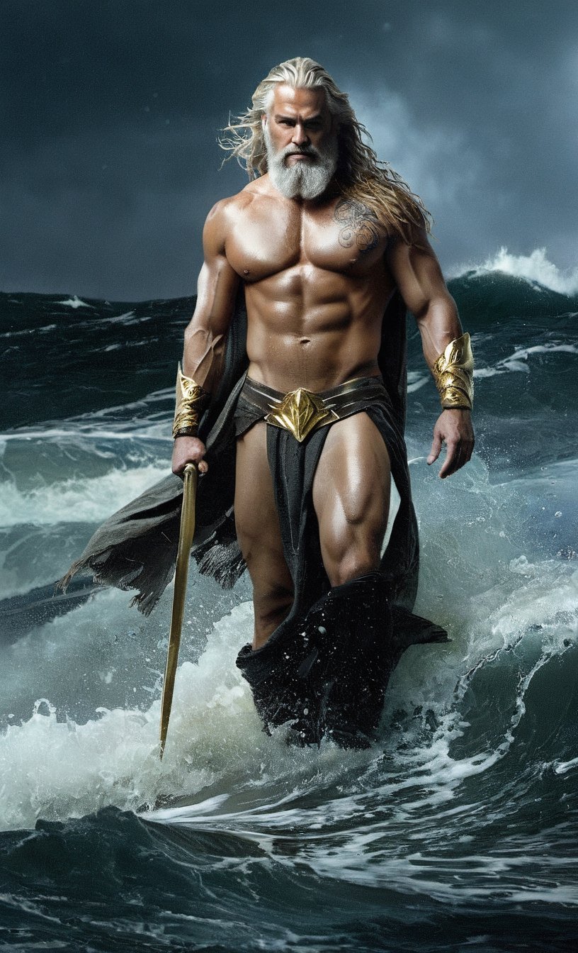 God Poseidon+,  young,  detailed skin++,  super muscular nude body+,  long thick gray hair+,  beard+,  big muscles+,  bondage,  holding golden trident,  fantasy,  golden armbands,  golden thong,  emerging from stormy ocean wave,  thunderstorm with rain,  lightning in a dark sky,  wet skin,  masculine,  modelshoot style,  (extremely detailed CG),  photographing a beautiful work of art,  (Antonio Moro),  (Jeremy Mann),  high detail,  sharp focus,  dramatic+,  (photorealistic),  intricate,  beautiful,  gigachad++, Landskaper, , , , , 
,Landskaper,greg rutkowski