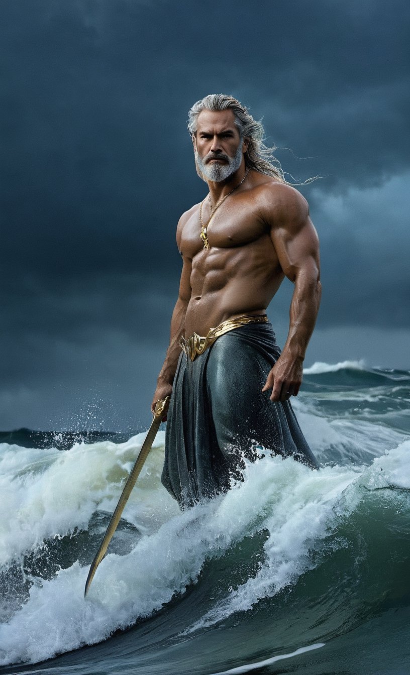 God Poseidon+,  young,  detailed skin++,  medium shot,  super muscular nude body+,  long thick gray hair+,  beard+,  big muscles+,  bondage,  holding golden trident,  fantasy,  golden armbands,  golden thong,  emerging from stormy ocean wave,  thunderstorm with rain,  lightning in a dark sky,  wet skin,  masculine,  modelshoot style,  (extremely detailed CG),  photographing a beautiful work of art,  (Antonio Moro),  (Jeremy Mann),  high detail,  sharp focus,  dramatic+,  (photorealistic),  intricate,  beautiful,  gigachad++, Landskaper, , , , , 
,Landskaper