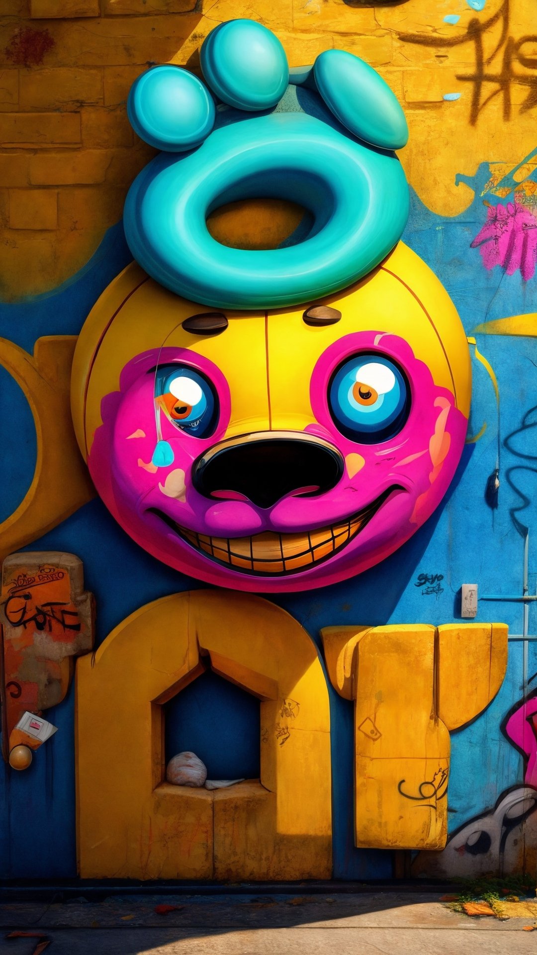 (style: graffiti, street art), generate a expression of a blue face with crossed out eyes and a big smile. It looks like the face is happy despite being blind or dead. The pink and black splatters and drips add a contrast and a sense of movement to the image. The image has a grungy, street art style that might appeal to some people who like urban culture or alternative art.