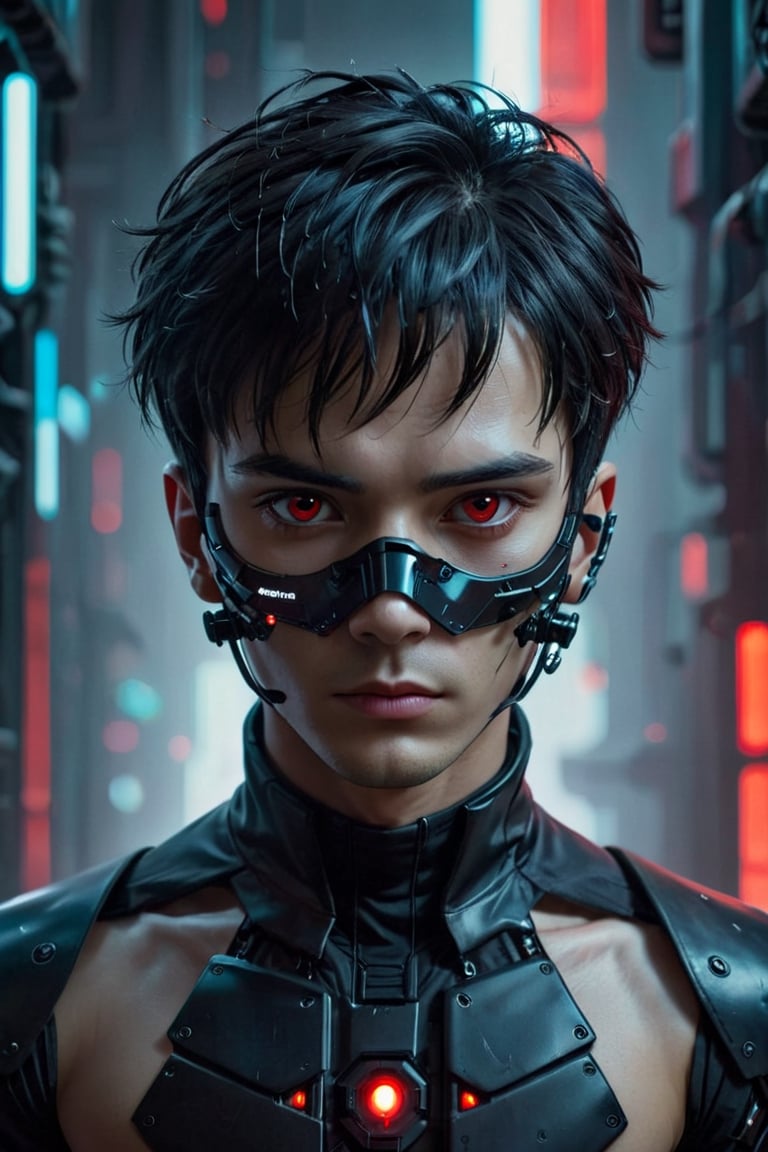 solo, short hair, black hair, 1boy, red eyes, male focus, mask, portrait, realistic, cyberpunk