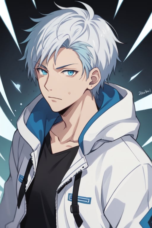 centered, upper body photography, upper body portrait, | man, Solo Levelling, short spiky hair shaved on the sides and back, white hair with light blue highlights, light blue glowing eyes, white jacket hoodie, detailed, aura, Solo Leveling,obata takeshi,AOMINE DAIKI