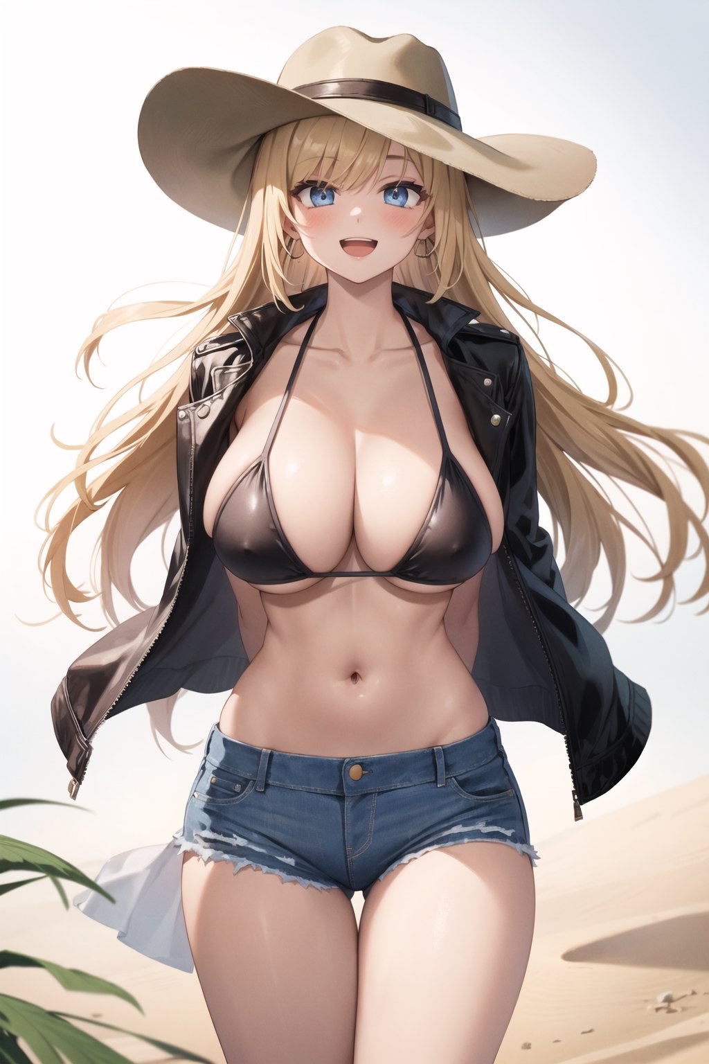 8k, masterpiece, best quality, 1girl, blonde hair, hairbangs, very_long_hair, blue_eyes, big eyes, cute eyes, silver earring, thin and slim body, large breasts, cleavage, underboobs, cowboy_hat, navel, bikini, leather jacket, short sleeves, open jacket, jeans, looking at viewer, smiling, open mouth, in the desert