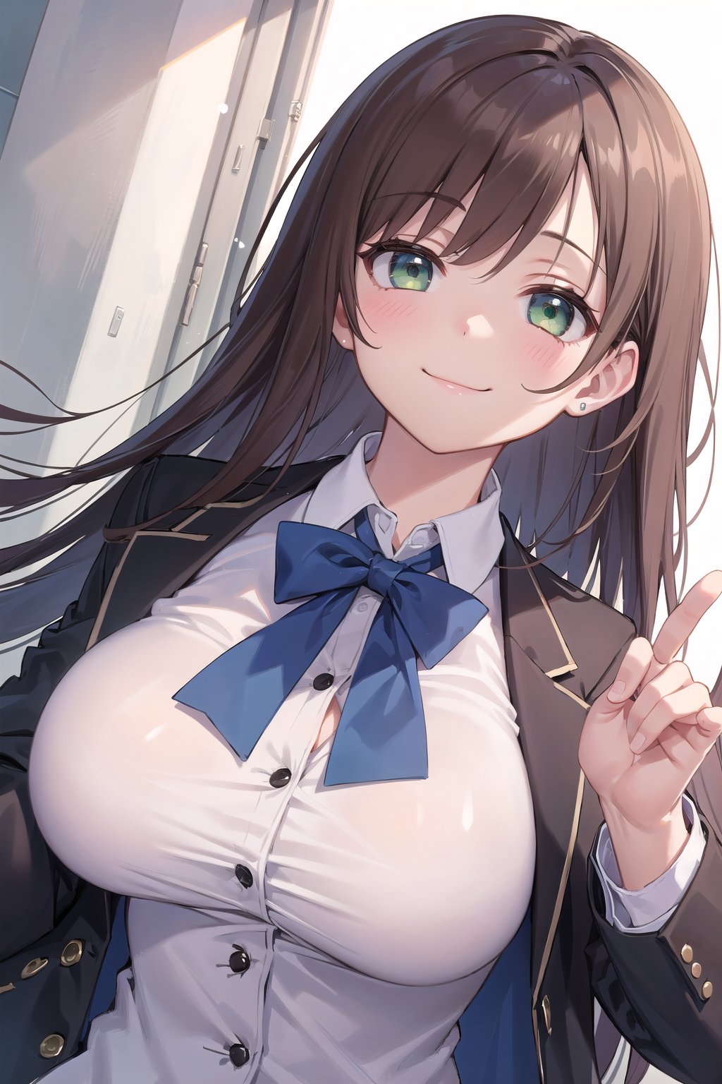 8k, masterpiece, best quality, 1girl, brown hair, very long hair, green eyes, cute eyes, large breasts, hichschool uniform, blazer, long sleeves, smiling, closed mouth