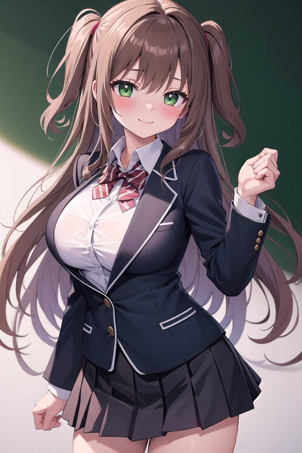 8k, masterpiece, best quality, 1girl, brown hair, long hair, side up, curly hair, green eyes, large eyes, large breasts, school_uniform, blazer, blushing, slight smile