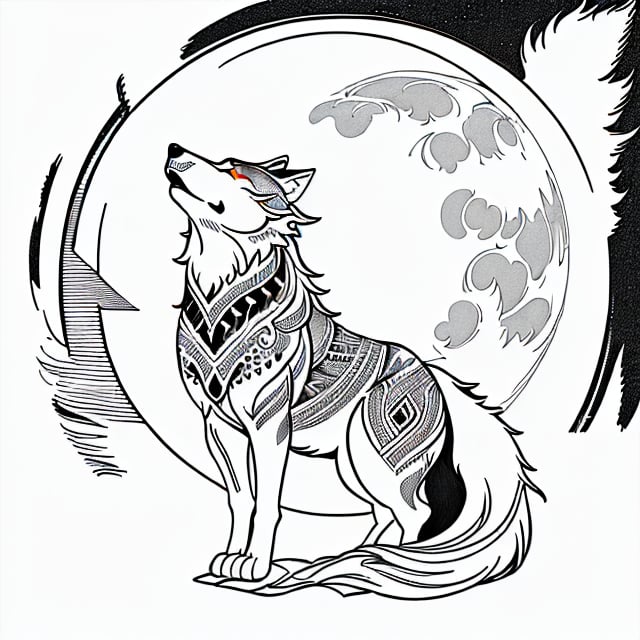 a small tattoo design of a wolf howling at the moon, black and white on white sheet of paper, line art, absurd detail, professional design, smooth details