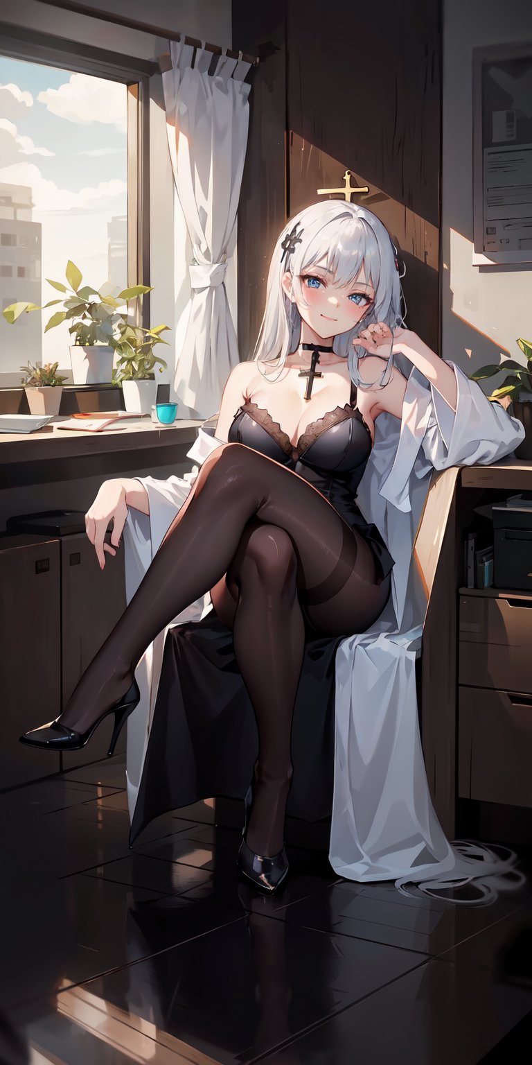 ultra detailed 8k cg, 1girl, beautiful face, white blouse black dress and robes, black choker, hll,black pantyhose, full body shot, ankle strap high heels, ((sitting cross legged)), smug expression on face, dominatrix, sitting down on something, sitting, inside of office, looking down on camera, sitting down, (high heels)