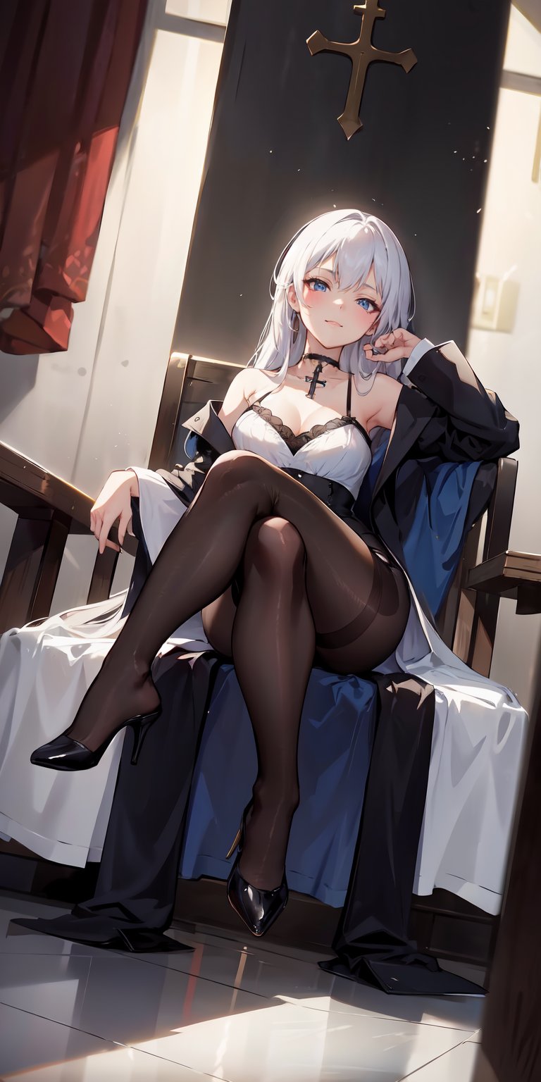 ultra detailed 8k cg, 1girl, beautiful face, white blouse black dress and robes, black choker, hll,black pantyhose, full body shot, ankle strap high heels, ((sitting cross legged)), smug expression on face, dominatrix, sitting down on something, sitting, inside of office, looking down on camera, sitting down, (high heels), ((foot on ground))