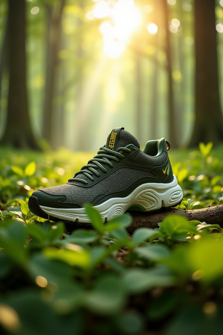 A sneaker in the green forest, sunshine from behind, absurdres, highres, (masterpiece:1.2), (best quality, highest quality),