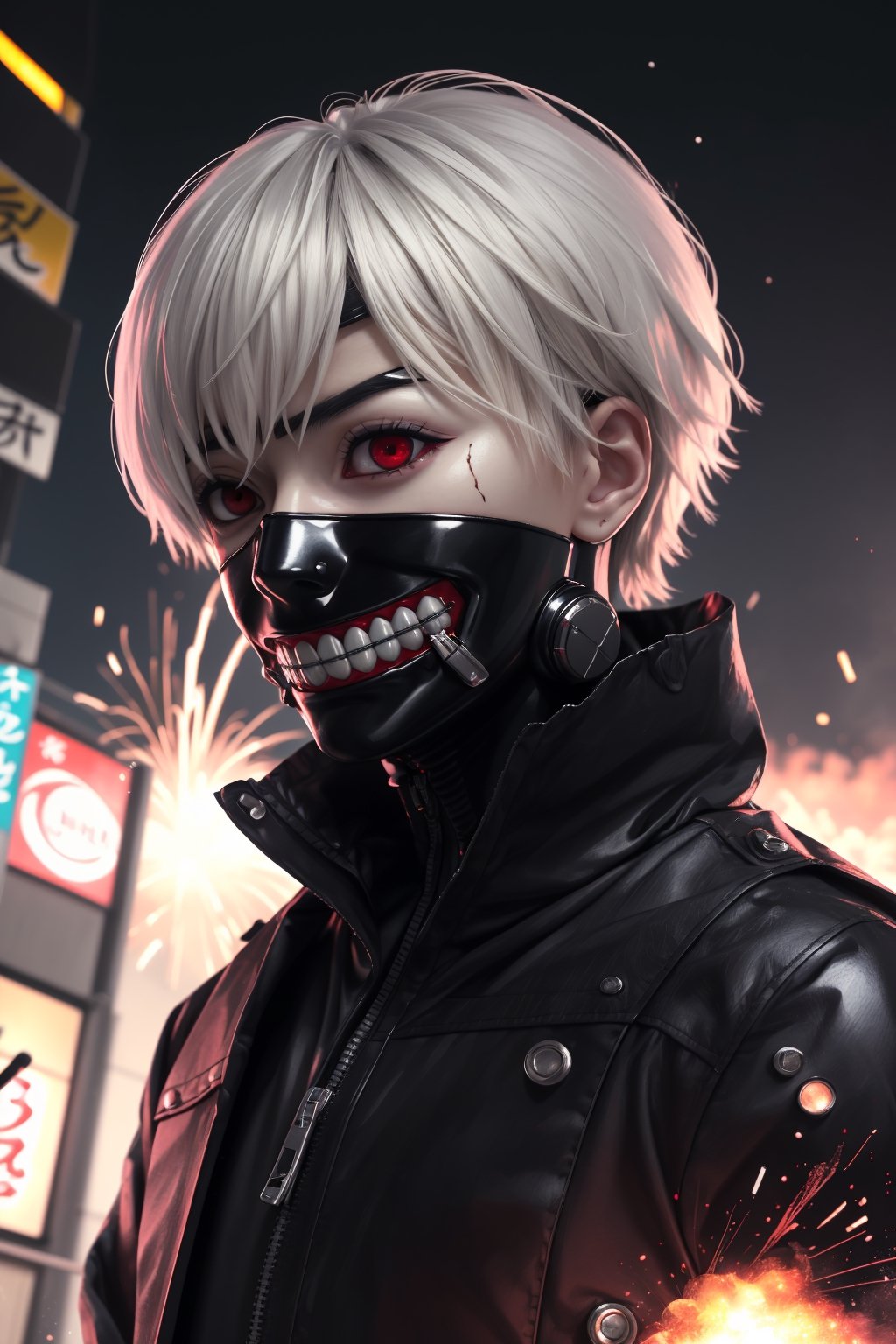 ((masterpiece, best quality)), Kaneki, Tokyo Ghoul, Ghoul, red iris, red left eye, black right eye, white eyebrows, angry, black clothes, metallic details, background of Tokyo Japan buildings, flashes of light, explosions, mix of fantastic and realistic elements, uhd image, vibrant artwork, kaneki ken