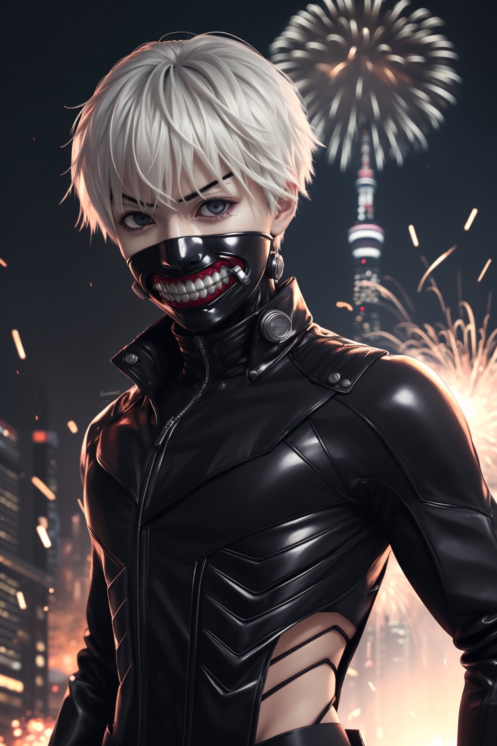 ((masterpiece, best quality)), Kaneki, Tokyo Ghoul, Ghoul, red iris, red left eye, black right eye, white eyebrows, angry, black clothes, metallic details, background of Tokyo Japan buildings, flashes of light, explosions, mix of fantastic and realistic elements, uhd image, vibrant artwork, kaneki ken