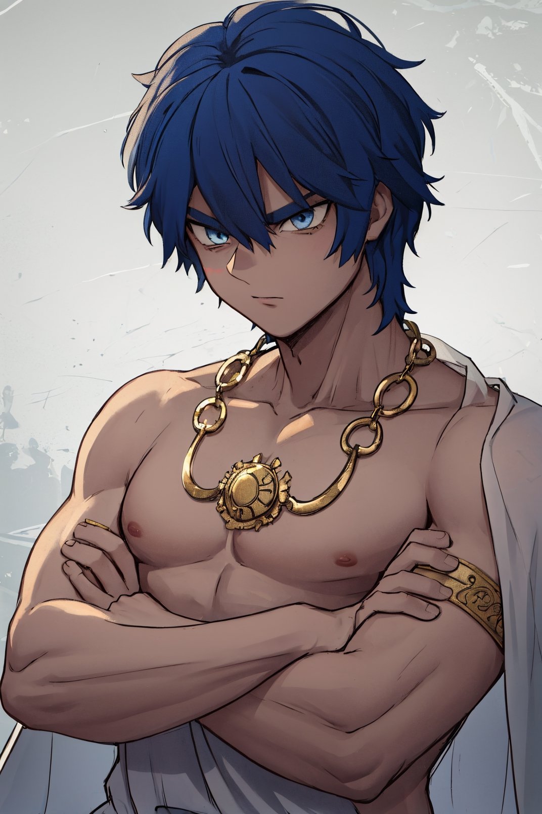 masterpiece, solo, best quality, straight-on, short hair, mature male, 1boy,  dark blue-hair, muscular, white_background, dark skin ,ancient greek clothes, gold arm_band, serious, light_blue_eyes, crossed arms, stubble , face markings , shirtless, gold necklaces