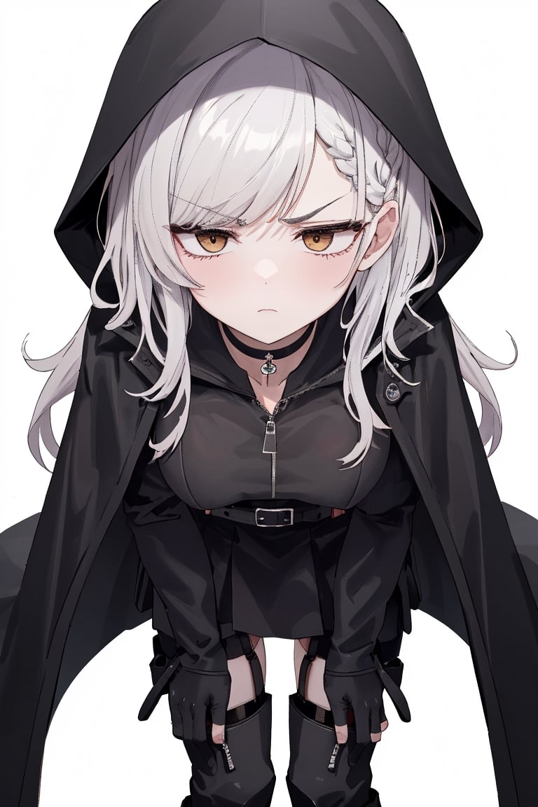 masterpiece, best quality, highres, black pants , facing_forward, straight-on, mature_female, 1girl, long_hair, big_breasts, white-hair, white_eyes, white_background, solo, blunt_bangs, choker,black jacket , bangs over eyebrows, expressionless, pale_skin, black hooded cloak, ,gothic,,, garter_straps, kneehigh_boots, leather belt, detached_sleeves, fingerless_gloves, bodysuit,, standing, serious, black fur trim, dark_jacket, black skirt, belt, black cape, cowboy_shot,sleepy,portrait,kugisaki nobara, side braid, wavy hair