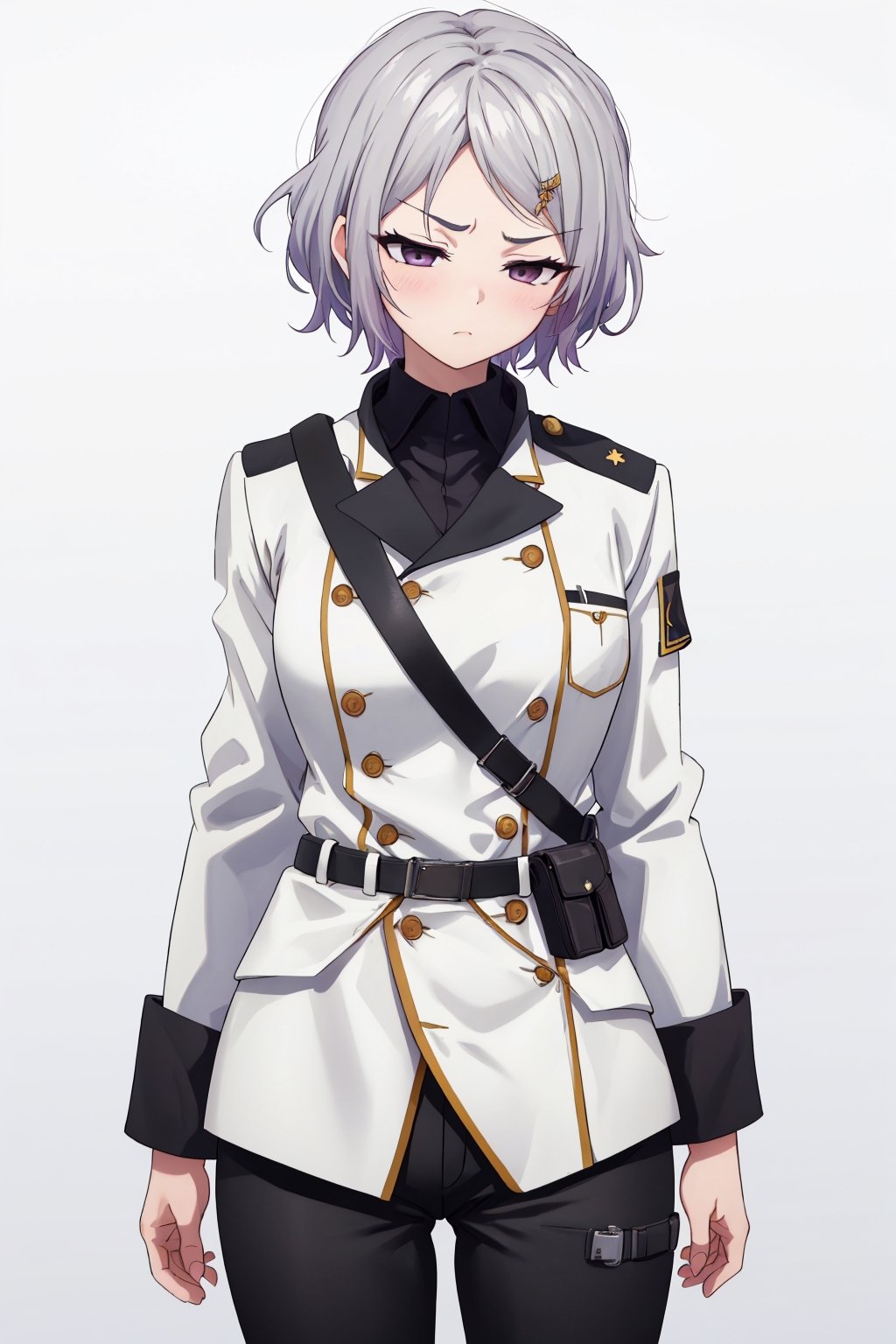 masterpiece, solo, best quality, straight-on, short hair, older_female, 1girl, silver-hair, black_eyes, white_background, serious, medium_breasts, military uniform, black pants, cowboy_shot , ,Eft_phantom_red,sleepy