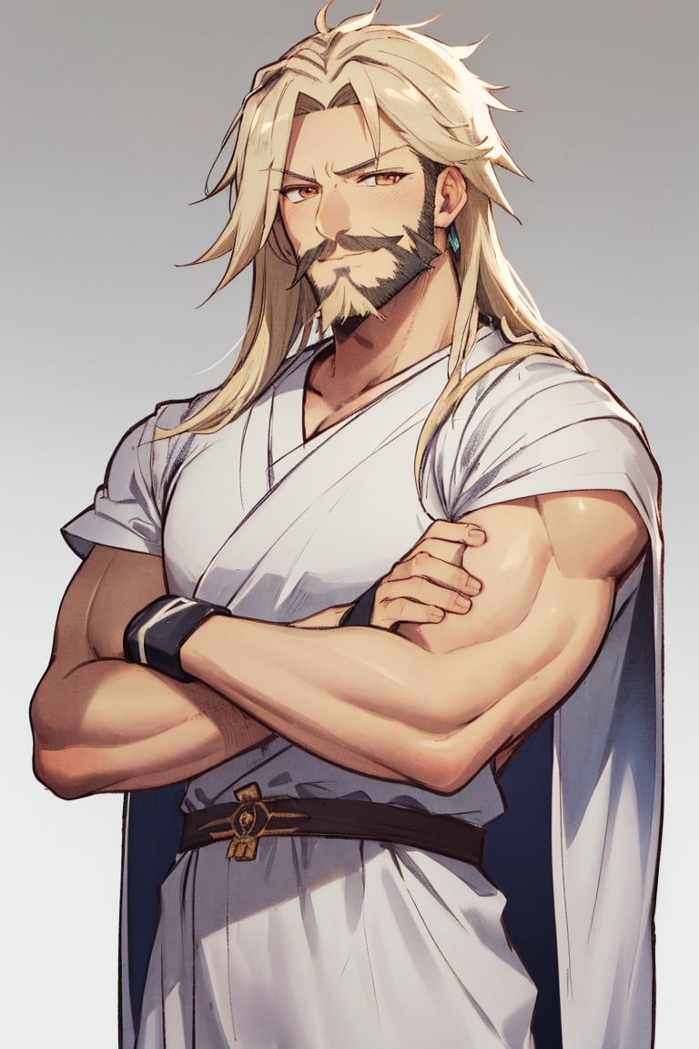 masterpiece, solo, best quality, straight-on, long hair, mature_male, 1boy, unkempt beard, moustache, platinum-blonde-hair, orange_eyes, white_background,, smirk,gold arm_brace, peplos, white robe, crossed arms, muscular,,alan_stuart,ancient greek clothes,