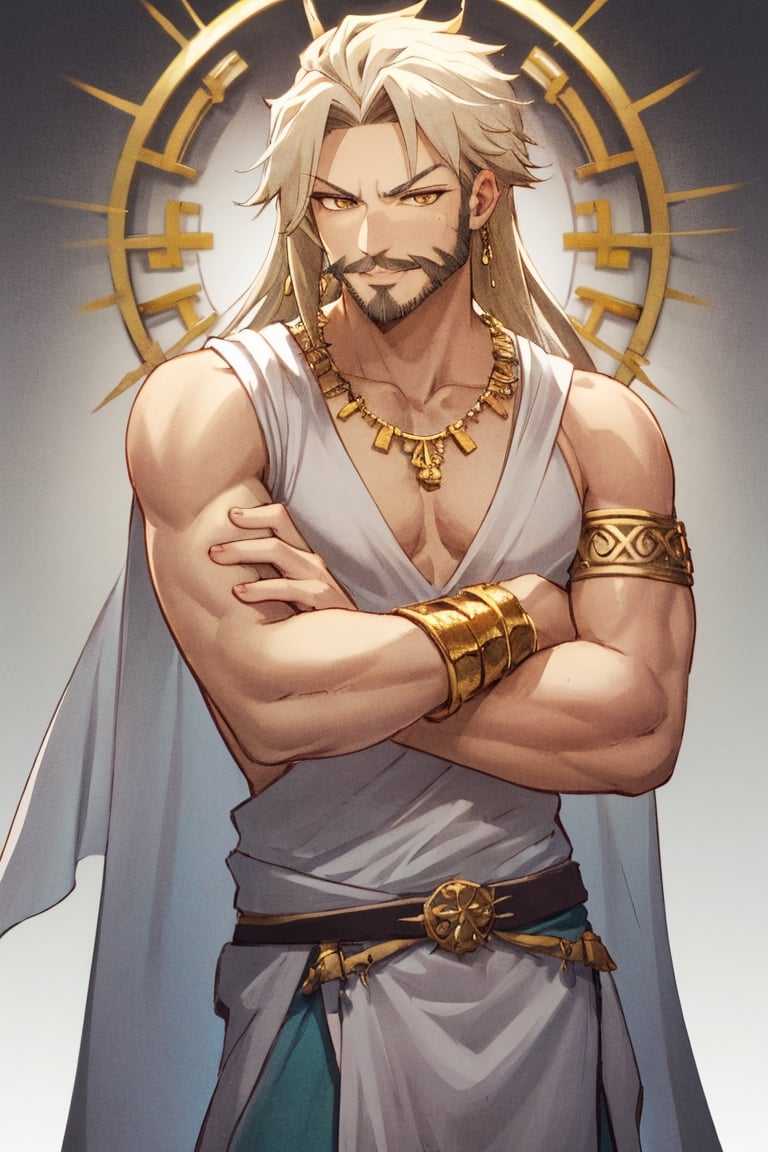 masterpiece, solo, best quality, straight-on, long hair, mature_male, 1boy, unkempt beard, moustache, platinum-blonde-hair, orange_eyes, white_background,, smirk,gold arm_brace, peplos, crossed arms, muscular,, alan_stuart,ancient greek clothes, full_body, greek sandals, golden necklace, golden bracelets,