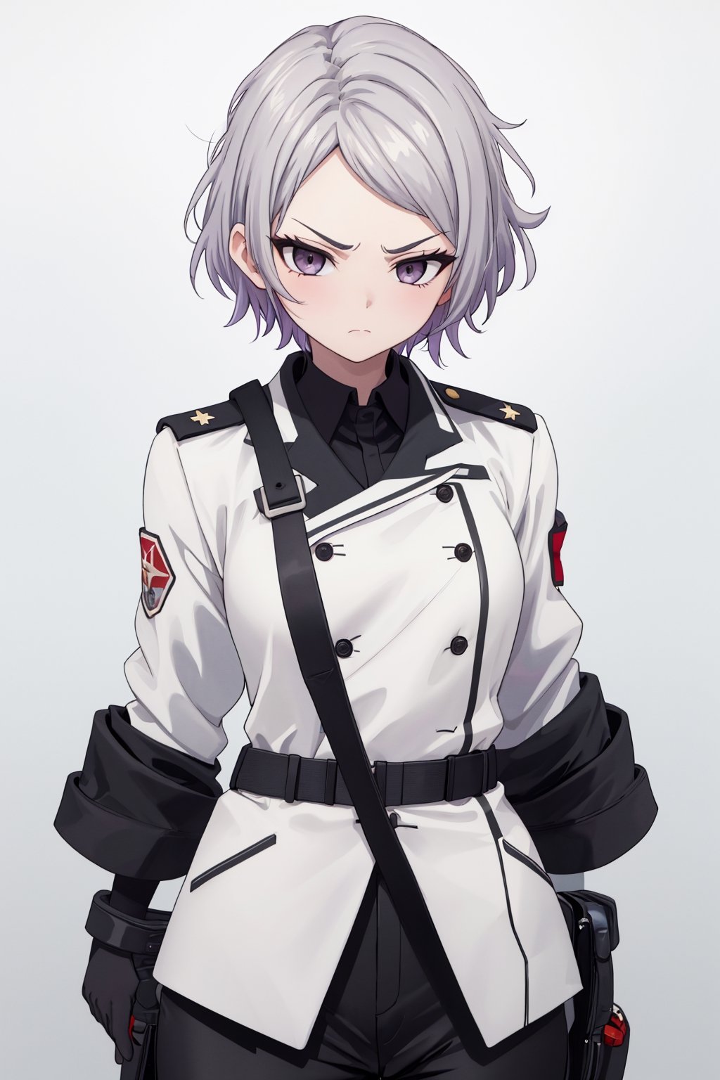 masterpiece, solo, best quality, straight-on, short hair, older_female, 1girl, silver-hair, black_eyes, white_background, serious, medium_breasts, military uniform, black pants, cowboy_shot , ,Eft_phantom_red