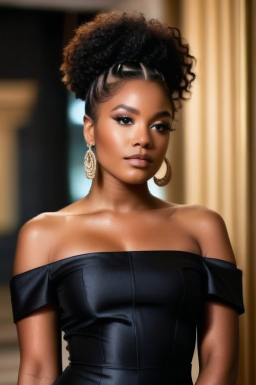 A full-body shot of a young black woman with a pensive expression, wearing a dark, off-the-shoulder dress and a single, statement piece of jewelry, The background should be out of focus and feature soft, warm tones. 