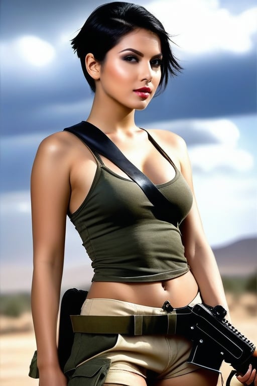 (((full-body picture:1.4))), 1girl, A young woman, 22 years old, small sized breasts, short black hair, wearing a ripped military uniform, a loincloth, she holds a bolt-action rifle with a serious look on her face. She shows confidence and pride in her role as a soldier and warrior.,(((highly detailed))),(((photorealism:1.4))), perfect eyes