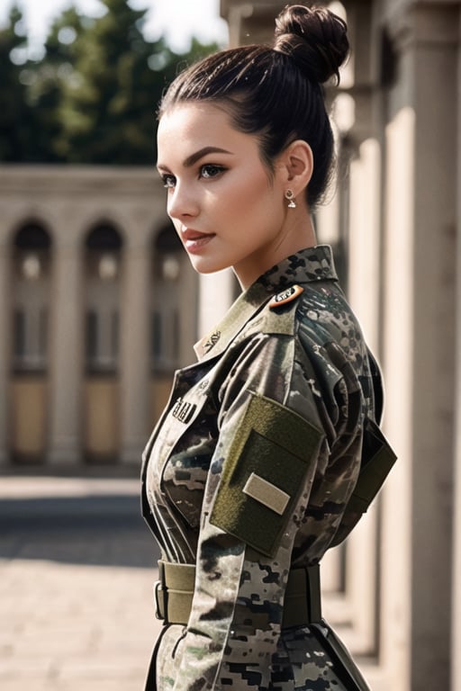 elegantly dresses in her army fatigues. hair in bun

photorealism:1.4