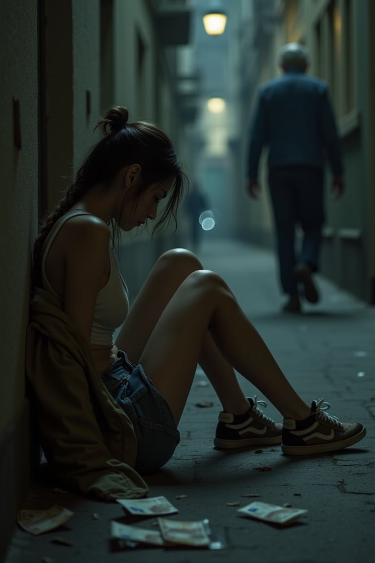 In a dimly lit dark alleyway, the sounds of the city are muffled in the background, creating an eerie atmosphere. (((An elderly man walks away from the scene, his figure fading into the distance))). On the floor, a young woman, 22 years old, sits with her legs spread apart, her short denim skirt pushed up to reveal her waistline. Her hair is disheveled, and her dirty tanktop clings to her petite frame. A worn khaki jacket slung over one shoulder adds to the overall disarray. Worn sneakers adorn her feet, and (((a few 10 euro bills lie scattered on the floor:1.4))). The camera captures her from a side view, emphasizing the desperation in her expression. The scene is rendered in hyper-realistic detail, with attention to lighting that accentuates the dark theme.,Extremely Realistic,Expressiveh