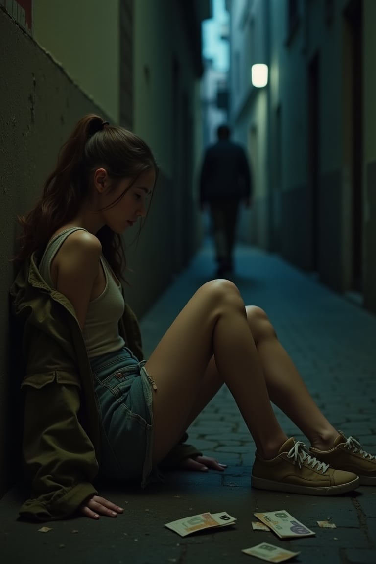 In a dimly lit dark alleyway, the sounds of the city are muffled in the background, creating an eerie atmosphere. (((An elderly man walks away from the scene, his figure fading into the distance))). On the floor, a young woman, 22 years old, sits with her legs spread apart, her short denim skirt pushed up to reveal her waistline. Her hair is disheveled, and her dirty tanktop clings to her petite frame. A worn khaki jacket slung over one shoulder adds to the overall disarray. Worn sneakers adorn her feet, and (((a few 10 euro bills lie scattered on the floor:1.4))). The camera captures her from a side view, emphasizing the desperation in her expression. The scene is rendered in hyper-realistic detail, with attention to lighting that accentuates the dark theme.,Extremely Realistic,Expressiveh