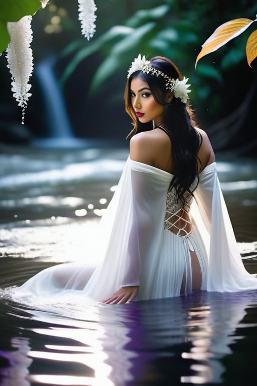 A tranquil Thai beauty emerges from the mystical rainforest, her raven tresses cascading down her back like a waterfall. Her warm brown eyes sparkle as she wades through the misty river, surrounded by lush foliage. A flowing white coat drapes elegantly around her lithe figure, snowflakes gently caressing her skin. Delicate lacework adorns her slender form, while intricate ribbons weave through her hair, where purple flowers bloom like tiny jewels. Her majestic gestures are amplified by the subtle rustling of leaves and soft river ripples, as she stands waist-deep in the water, midriff exposed, legs partially submerged, and snowflakes dancing around her.