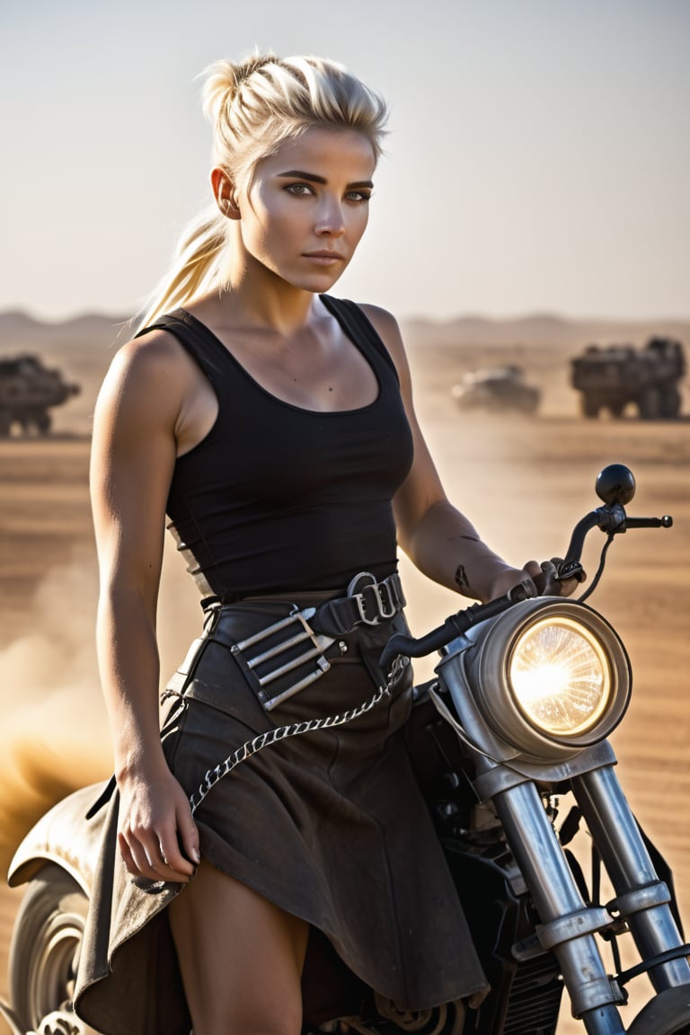 A gleaming hoverbike speeds by as a sexy  25-year-old  woman with platinum blonde hair and piercing brown eyes poses confidently from a side view (1.4), her pale skin glowing in the dusty, post-apocalyptic light. She wears a short black skirt that hugs her curves, exuding elegance and sensuality. In this death race setting inspired by Mad Max, she's the epitome of beauty, her expression a perfect blend of sass and sophistication.