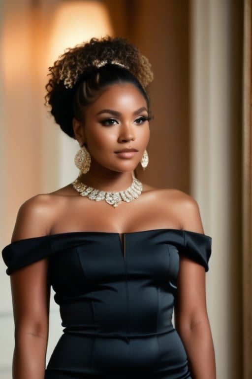 A (((full-body shot:1.4))) of a young black woman with a pensive expression, wearing a dark, off-the-shoulder dress and a single, statement piece of jewelry, The background should be out of focus and feature soft, warm tones. 