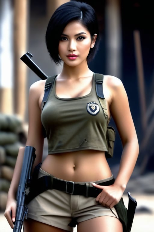 (((full-body picture:1.4))), 1girl, A young woman, 22 years old, small sized breasts, short black hair, wearing a ripped military uniform, a loincloth, she holds a bolt-action rifle with a serious look on her face. She shows confidence and pride in her role as a soldier and warrior.,(((highly detailed))),(((photorealism:1.4))), perfect eyes