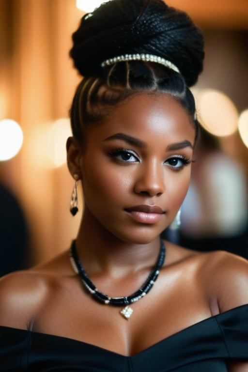 A close-up shot of a young black woman with a pensive expression, wearing a dark, off-the-shoulder dress and a single, statement piece of jewelry, The background should be out of focus and feature soft, warm tones