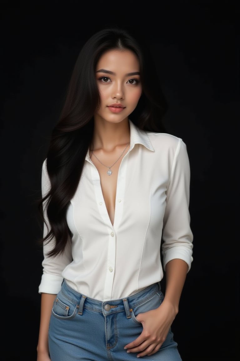 fashion model shoot, of a black haired woman with brown  eyes wearing a white shirt, blue jeans on a black background