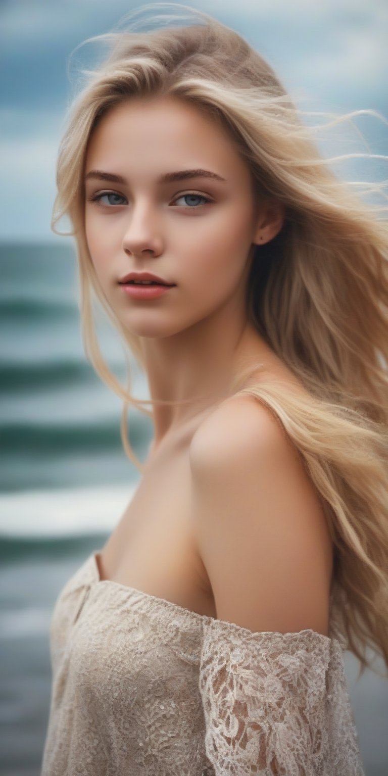 photorealistic,portrait of  Dutch teen girl, 16-years-old,  innocent face, (ultra realistic,best quality),photorealistic,Extremely Realistic, in depth, cinematic light, 1girl,(medium-long blonde  hair:1.4),outdoors,(front:1.3),(standing:1.3),seaside,cloudy sky,High-low skirt,(cowboy_shot:1.2),navel wavy hair, perfect lighting, vibrant colors, intricate details, high detailed skin, pale skin, intricate background, realism,realistic,raw,analog,portrait,photorealistic, taken by Canon EOS,SIGMA Art Lens 35mm F1.4,ISO 200 Shutter Speed 2000,Vivid picture,(((Accurate eyes))),Photorealistic:1.4,Dutch teen