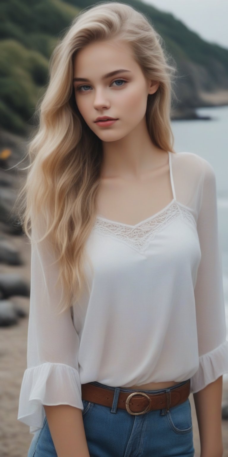 photorealistic,portrait of  Dutch teen girl, 16-years-old,  innocent face, (ultra realistic,best quality),photorealistic,Extremely Realistic, in depth, cinematic light, 1girl,(medium-long blonde  hair:1.4),outdoors,(front:1.3),(standing:1.3),seaside,cloudy sky,High-low skirt,(cowboy_shot:1.2),navel wavy hair, perfect lighting, vibrant colors, intricate details, high detailed skin, pale skin, intricate background, realism,realistic,raw,analog,portrait,photorealistic, taken by Canon EOS,SIGMA Art Lens 35mm F1.4,ISO 200 Shutter Speed 2000,Vivid picture,(((Accurate eyes))),Photorealistic:1.4,Dutch teen