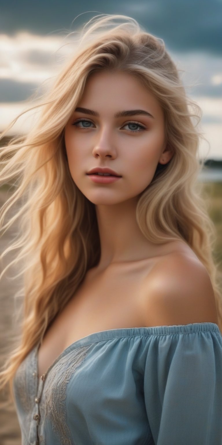 photorealistic,portrait of  Dutch teen girl, (ultra realistic,best quality),photorealistic,Extremely Realistic, in depth, cinematic light, 1girl,(medium'long blonde  hair:1.4),outdoors,(front:1.3),(standing:1.3),seaside,cloudy sky,High-low skirt,(cowboy_shot:1.2),navel wavy hair, perfect lighting, vibrant colors, intricate details, high detailed skin, pale skin, intricate background, realism,realistic,raw,analog,portrait,photorealistic, taken by Canon EOS,SIGMA Art Lens 35mm F1.4,ISO 200 Shutter Speed 2000,Vivid picture,(((Accurate eyes))),Photorealistic:1.4,Dutch teen