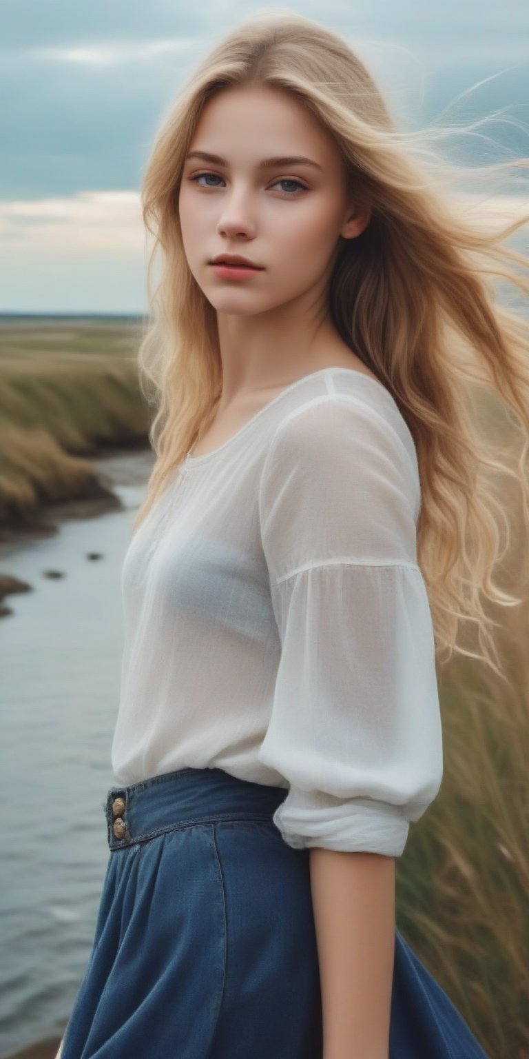 photorealistic,portrait of  Dutch teen girl, 16-years-old,  innocent face, (ultra realistic,best quality),photorealistic,Extremely Realistic, in depth, cinematic light, 1girl,(medium-long blonde  hair:1.4),outdoors,(front:1.3),(standing:1.3),seaside,cloudy sky,High-low skirt,(cowboy_shot:1.2),navel wavy hair, perfect lighting, vibrant colors, intricate details, high detailed skin, pale skin, intricate background, realism,realistic,raw,analog,portrait,photorealistic, taken by Canon EOS,SIGMA Art Lens 35mm F1.4,ISO 200 Shutter Speed 2000,Vivid picture,(((Accurate eyes))),Photorealistic:1.4,Dutch teen