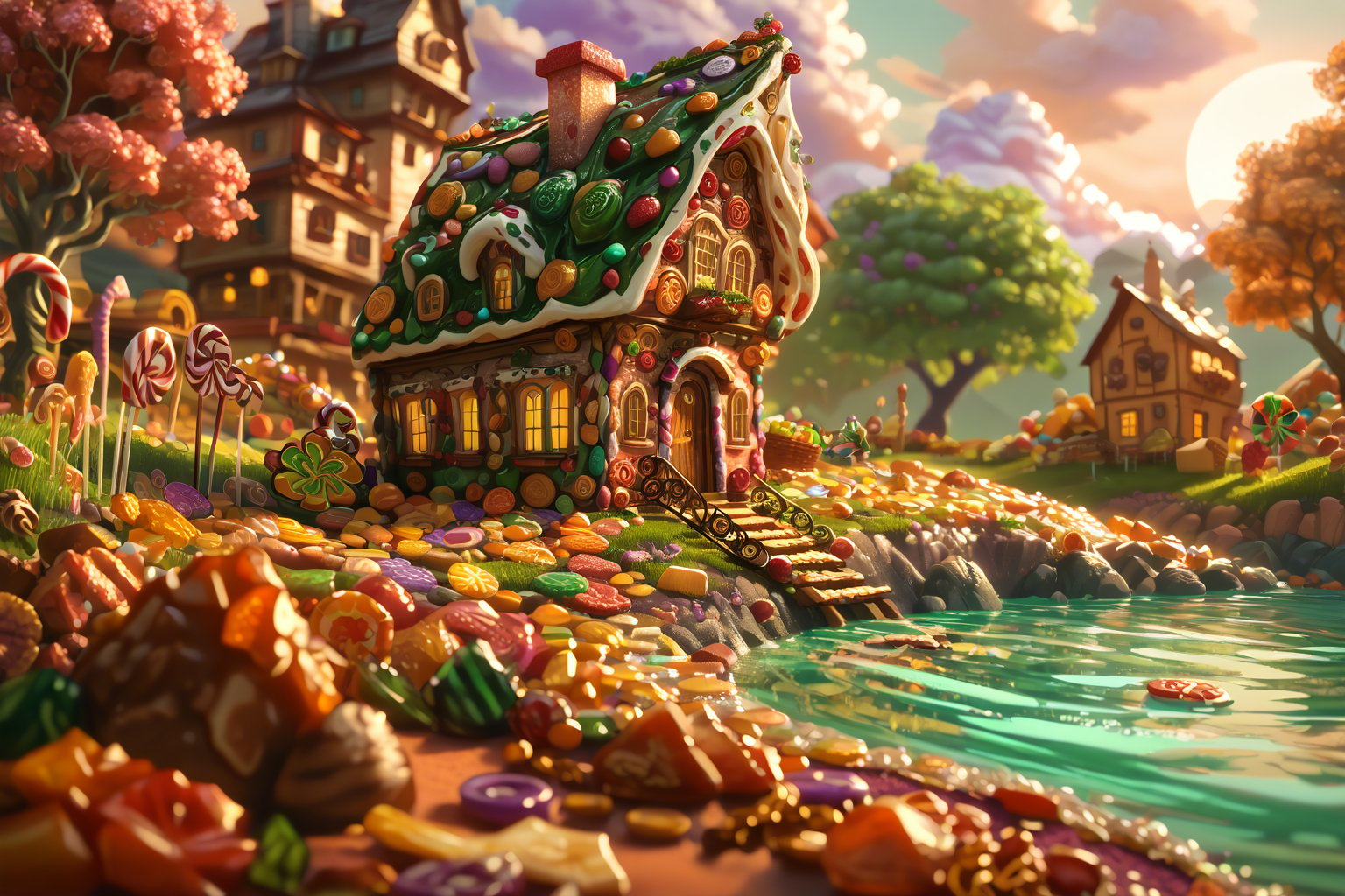 Score_9, Score_8_up, Score_7_up, (masterpiece, best quality), (insaneres), 8k resolution wallpaper, hyperdetailed, 2d, cartoon, sweetscape, full background, fantasy, winding path, (house made of candy:1.3), sugar, shiny, rainbow terrain, candy, (choloate:1.3), oversized truffle, smarties, spiral tree, purple grass, (green water:1.4), (deep depth of field), sunset, glaze, sugar, glitter, volumetric lighting,  (Extremely detailed, intricate details)