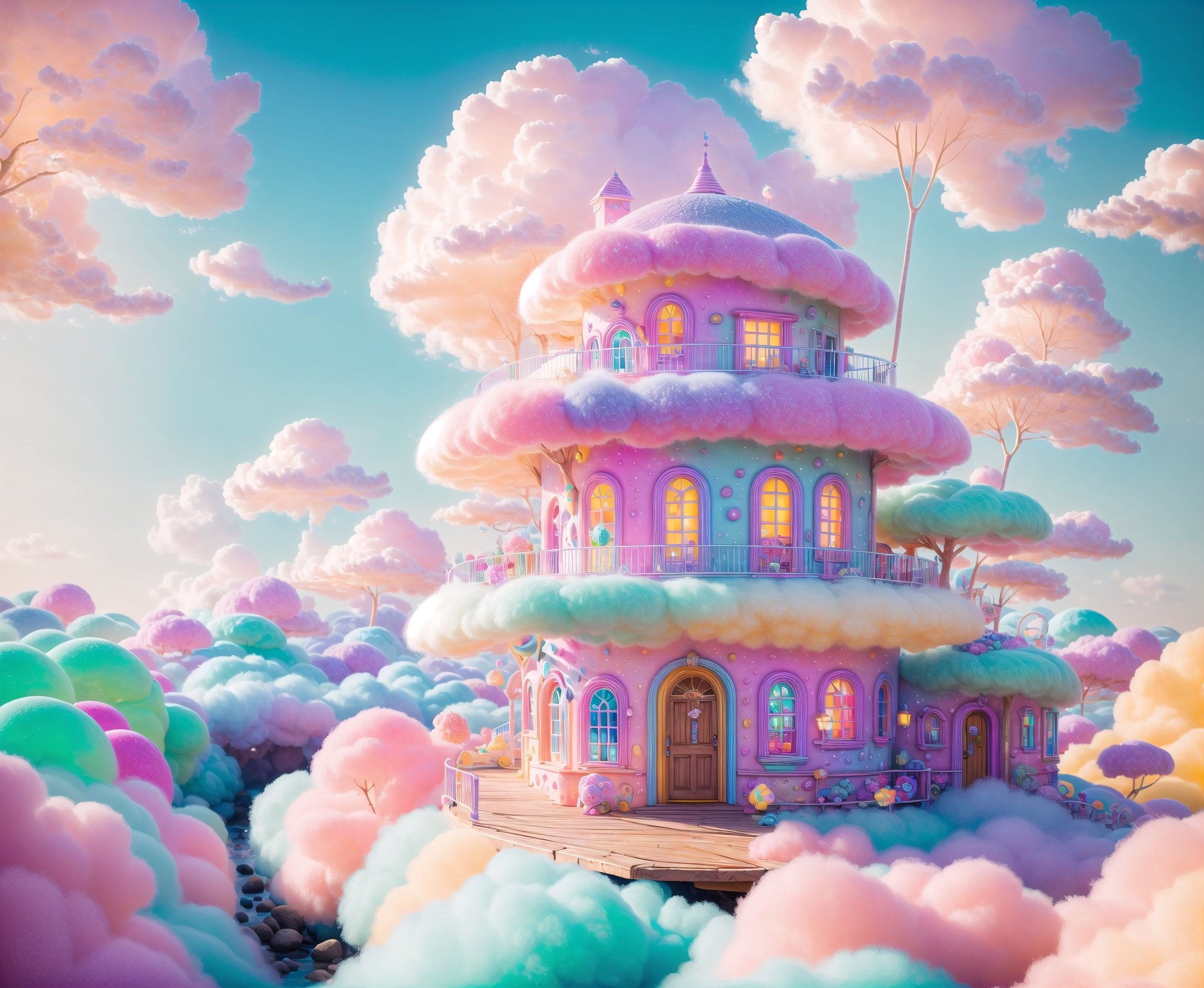 (masterpiece, best quality:1.2), 8k, top quality, cryptids, cookie, glowing, (panoramic view), cinematic, intricate details, above the clouds, floating, in the style of pixar, cloud, cotton candy, whipped cream, fruit, colorful, vivid, a world made of candy, plant, scenery, highly detailed, 3d, beautiful, personification, deep depth of field, adorable, cute, (gradients), sweet, shiny, delicious, bloom, volumetric lighting, (fantasy), candyland, candy, see-through, transparent, (jello), coral colors, smooth, extremely detailed,cryptids,(best quality,kawaiitech