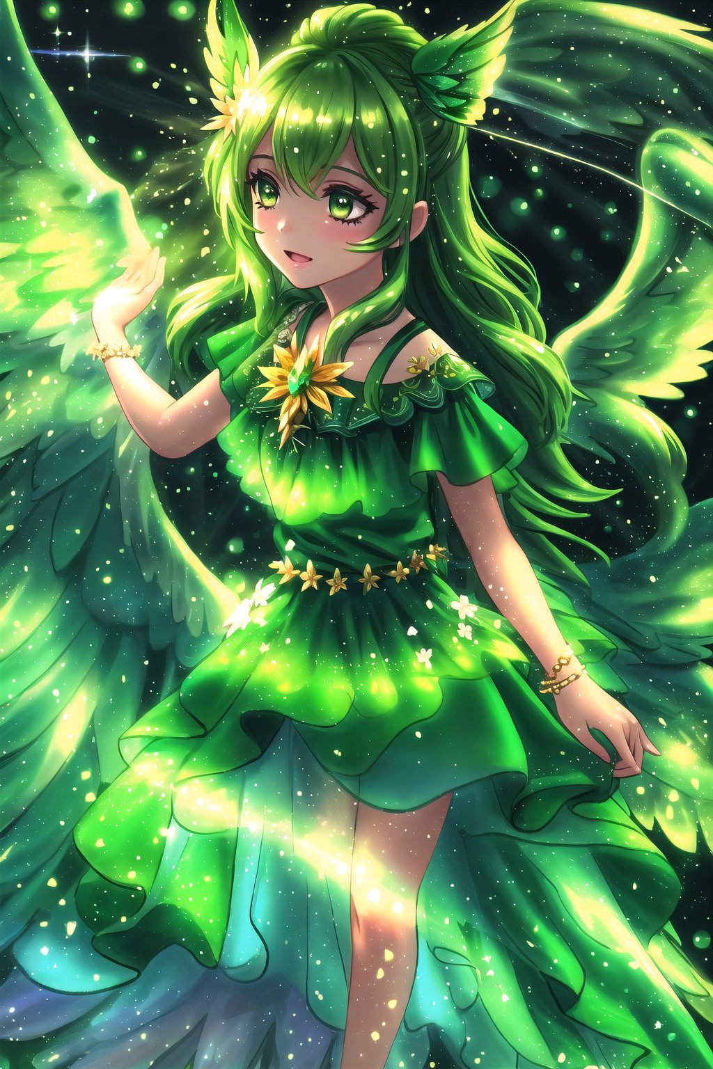 (Masterpiece, best quality:1.4), insaneres, top quality, 8k resolution, w1ndam, 1girl, leaf dress, nature, green nail polish, magical girl, henshin, (wind, magic:1.4), casting spell, glowing, bloom, solo, aura, outer glow, forehead jewel, yellow sclera, glowing, bloom, sky, facing viewer, flapping wings, multiple wings, (huminization:1.4), furry, bird, feathered wings, green theme, looking at viewer, green hair, wavy hair, very long hair, from side, floating, (deep depth of field:1.2), volumetric lighting, , blurry foreground, blurry background, tilt-shift, (glowing particles:1.4), dynamic, volumetric lighting, stunning artwork,saba_styl3,fiber optic dress,see-through,fodress